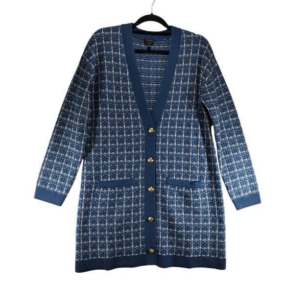 Talbots 100% Merino Wool Longline Cardigan S Small Blue Gold Buttons Plaid Soft - Picture 1 of 10